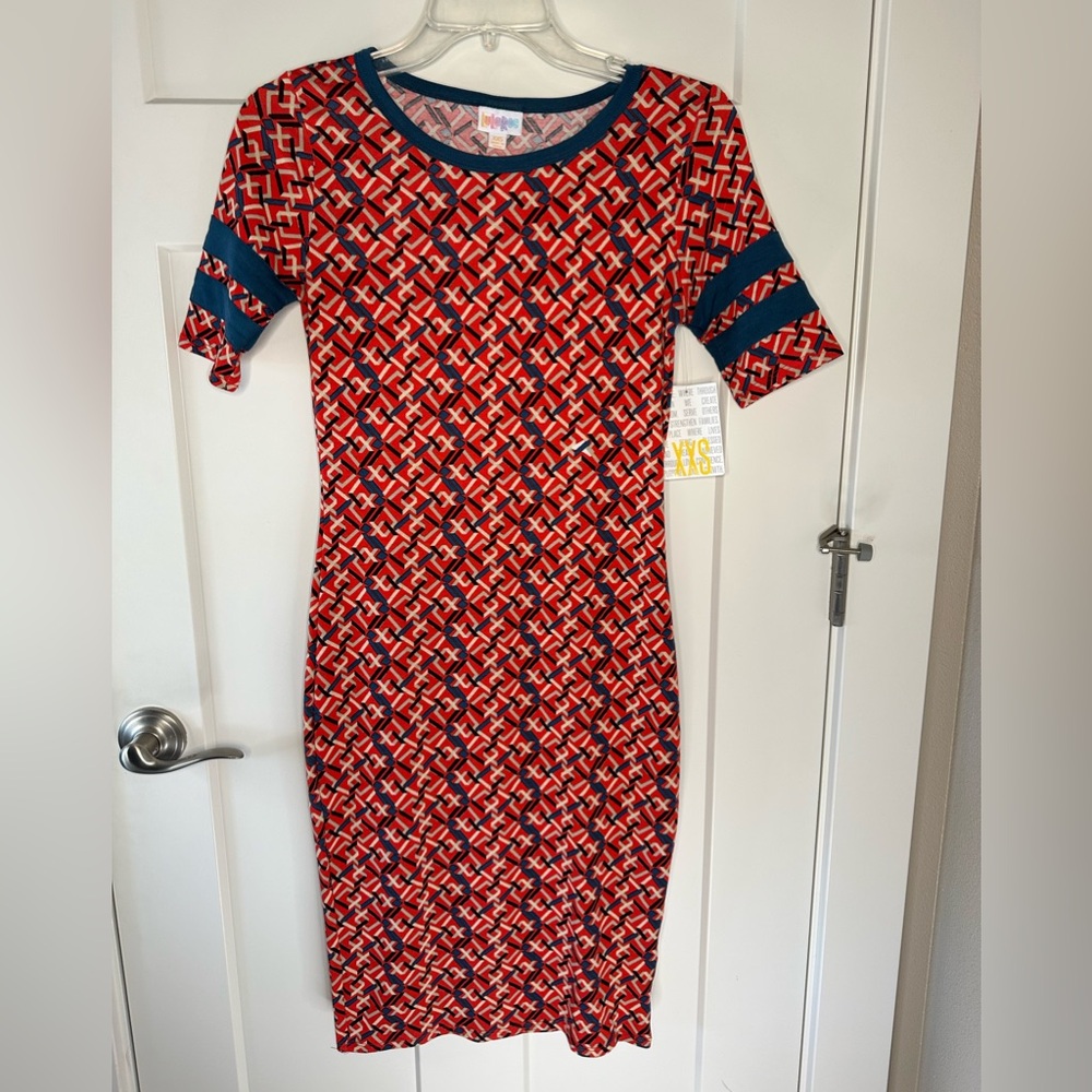 LuLaRoe Julia Bodycon Dress XXS NWT Red Geometric + Navy Trim Mod Retro